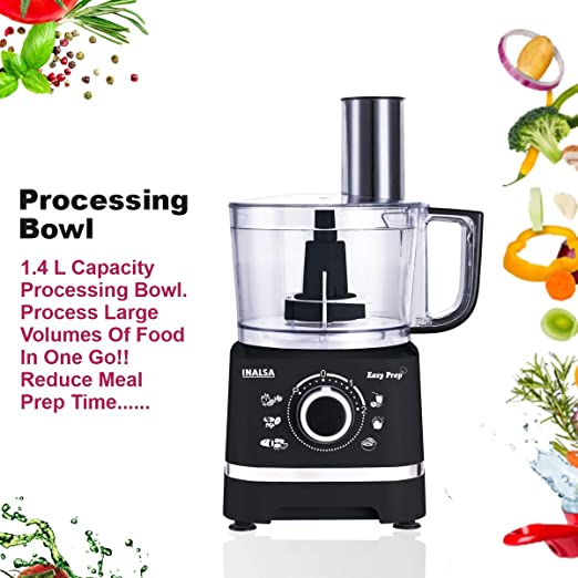 INALSA Food Processor/ Atta Kneader/ Chopper Easy Prep- 800 Watts| 1.4 L Main Bowl Capacity | 2 Speed Setting with Pulse Function|7 Accessories(Black) INALSA Food Processor/ Atta Kneader/ Chopper Easy Prep- 800 Watts| 1.4 L Main Bowl Capacity | 2 Speed Setting with Pulse Function|7 Accessories(Black)